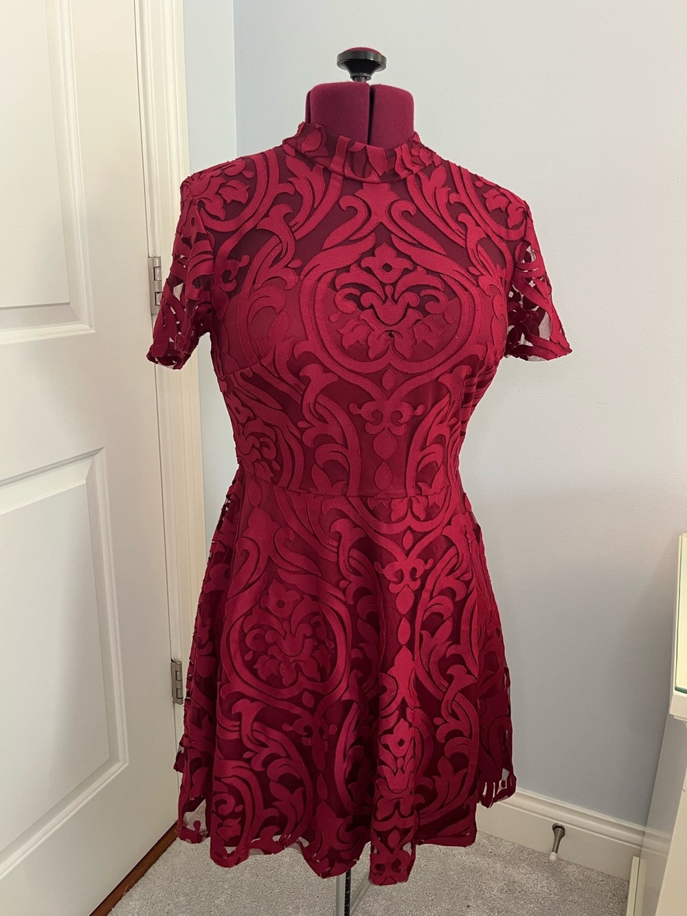 Burgundy Lace Fit & Flare Dress